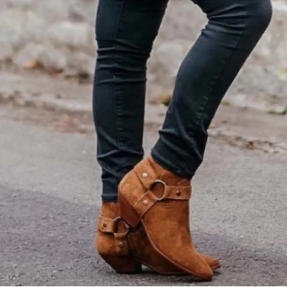 SAINT LAURENT West Tan Suede Harness Boot Women Size 7 - Picture 1 of 10